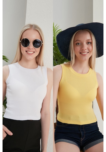 Catspy Kadın Halter Yaka 2'li Crop Bluz Atlet Beyaz - Sarı