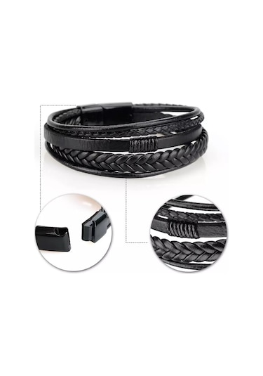 Erkek Hakiki Deri Bileklik Siyah Renk Çelik Toka Bileklik Db5025 Siyah