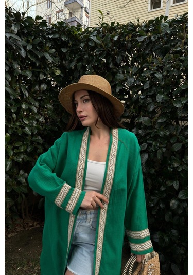Kadın Yeşil Müslin Kumaş, Hasır Şerit Detaylı Salaş Kimono Ceket Yeşil