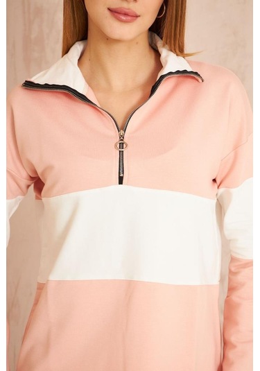 Kadın Uzun Kol Fermuarlı Polo Yaka Color Block Basic Salaş Sweatshirt Bluz 3471210 Pudra