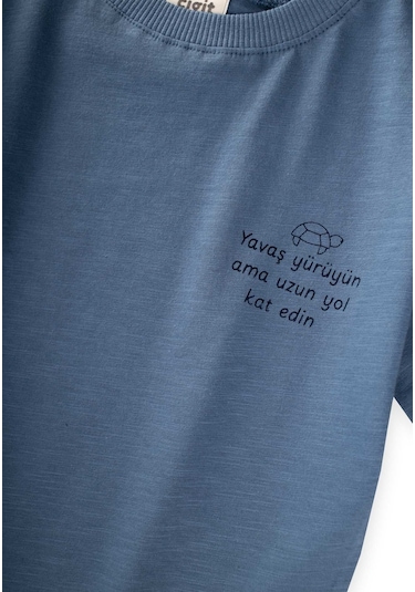 Cigit Slogan Baskılı T-shirt 2-10 Yaş İndigo Mavi