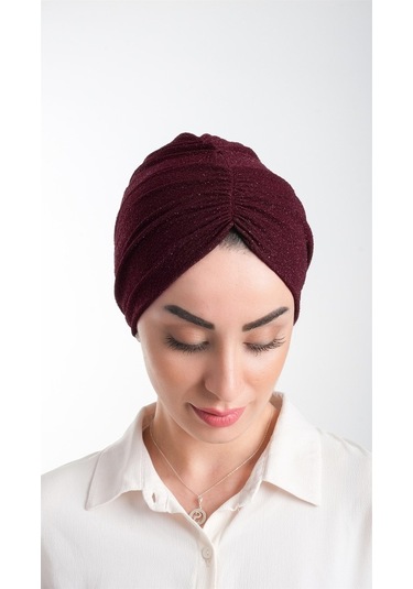 Bordo Pratik Hazır Geçmeli Tesettür Bone Fukuro Simli Büzgülü 211 Bordo