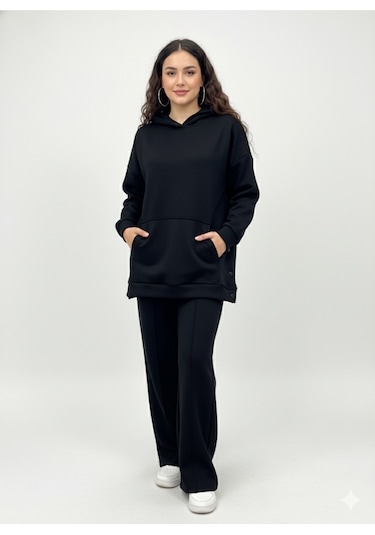 Soft&Basic Kapüşonlu Yanları Çıt Çıt Detaylı Sweatshirt Ve Nervürlü Pantolon Alt Üst Takım Siyah