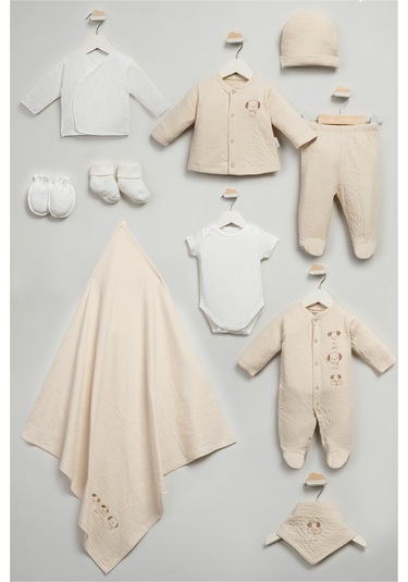 Sevimli Köpekcikler Desenli 10 Parça Kutulu Yenidoğan Hastane Çıkışı Zıbın Seti Bej