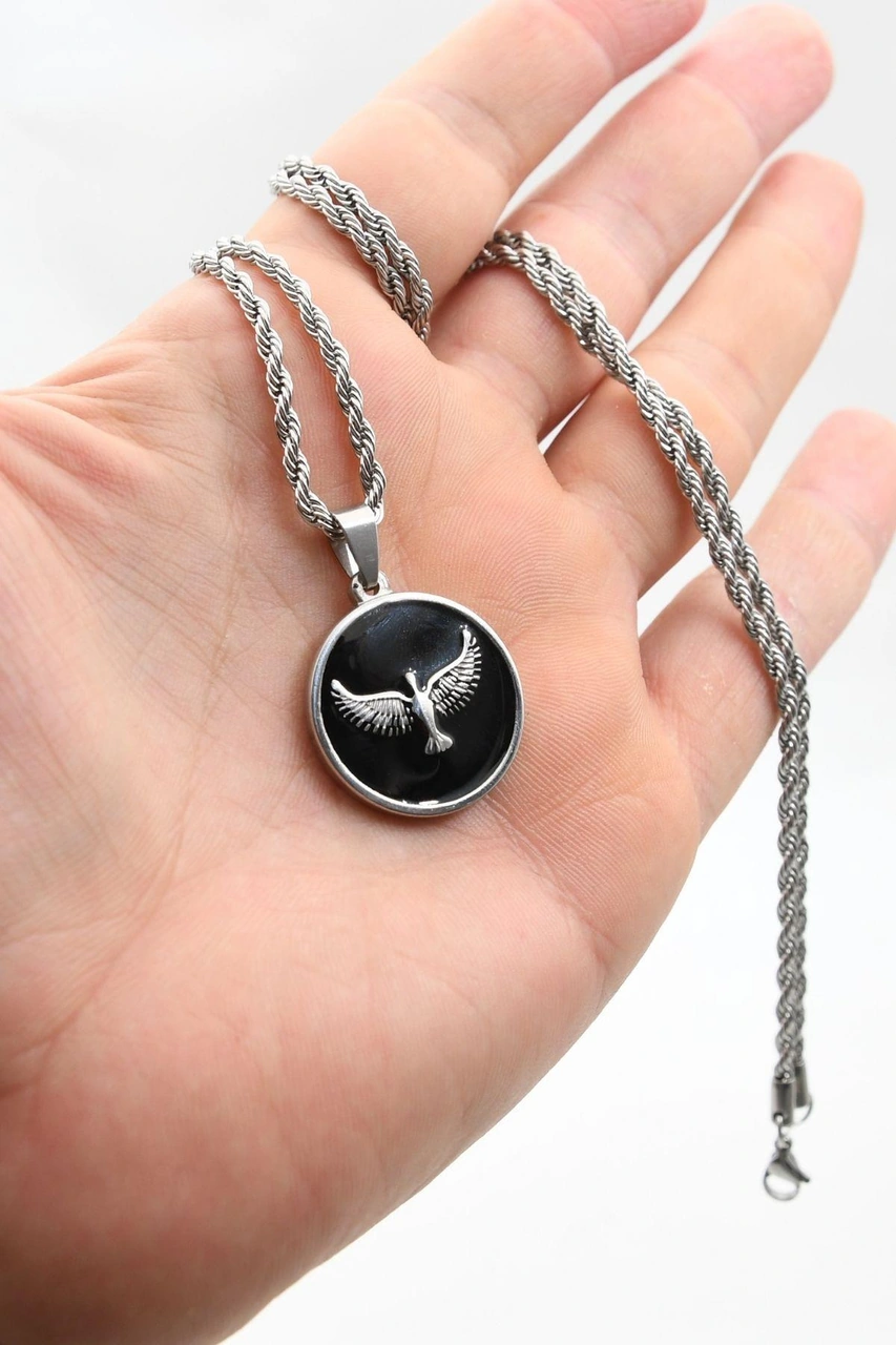 Anka Kuşu - Kartal Figürlü Kolye Paslanmaz Çelik Zincir 3mm 902301 Gümüş