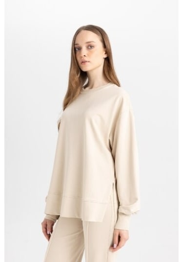 Defacto Regular Fit Bisiklet Yaka Basic Düz Sweatshirt Tunik D4800AX24AUBG359 Bej