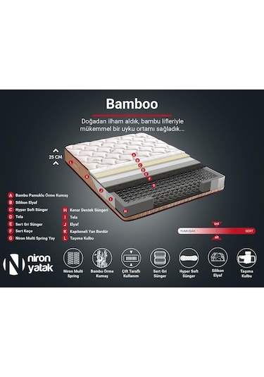 Nironyatak Niron Bamboo Yatak 80X200 Tek Kişilik Doğal Bambu Kumaş Tam Ortop