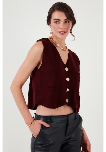 Lela Standart Fit V Yaka Düğmeli Triko Bayan Yelek 4616177 Bordo