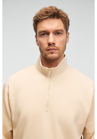 BAXTER Erkek Dik Yakalı Fermuarlı Relaxed Vanilya Sweatshirt