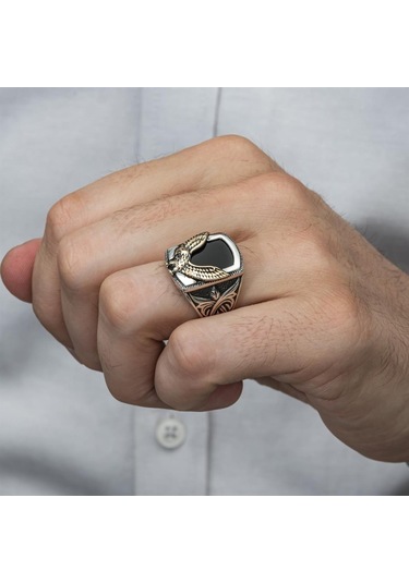 Alyans Evim Kartal Motifli Kare Siyah Oniks Taşlı 925 Gümüş Erkek Yüzük