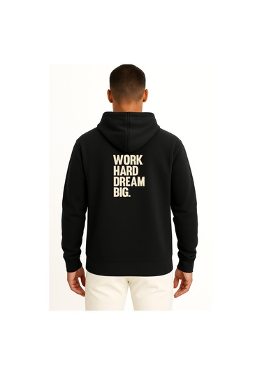 Kapüşonlu Çok Çalış Hayaller Büyük Cep Ve Sırt Tasarımlı Unisex Sweatshirt Siyah