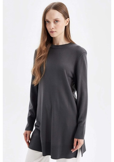 DeFacto Regular Fit Bisiklet Yaka Yırtmaçlı Basic Düz Triko Kazak Tunik H3431AZ24AUAR161 Antrasit