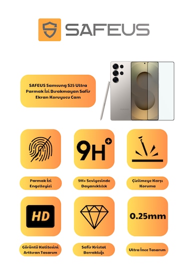 Safeus Tam Kaplayan Parmak İzi Bırakmayan Safir Ekran Koruyucu Cam , Samsung S25 Ultra İle Uyumlu