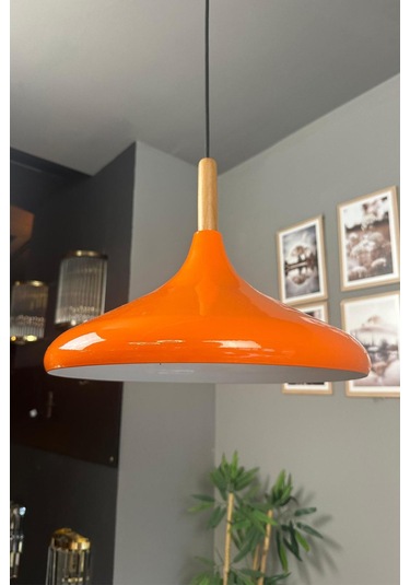 Champion Parlak Turuncu Ahşap Tekli Avize Sarkıt Salon Mutfak Cafe Butik Lamba Aydınlatma Avizeler Turuncu