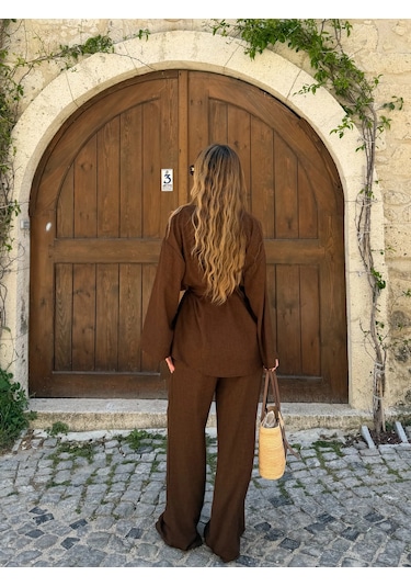Laluvia Kahverengi Tek Düğmeli Kuşaklı Kimono Takım - 007