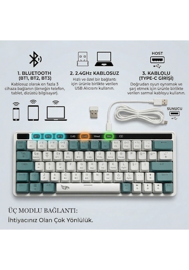 Gameagle 64 Tuşlu Rgb 3 Modlu Gaming Klavye Bluetooth + 2.4g + Type-c Şarjlı N-key Rollover, Anti Ghosting Oyuncu Klavyesi