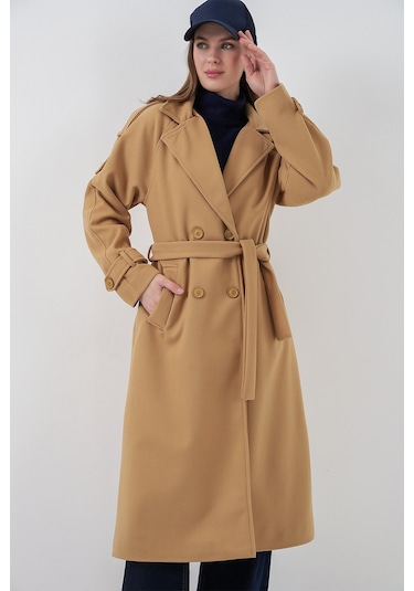 Kadın Kuşaklı Kaşe Kaban 9161 - Hardal Hardal