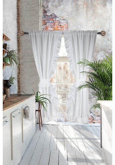 Poli Perde Çift Kanat Dikey Fırfırlı Beyaz