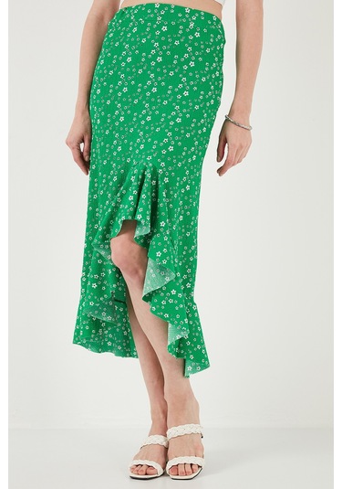Lela Çiçek Desenli Regular Fit Volanlı Yüksek Bel Midi Boy Yırtmaçlı Bayan Etek 5869012 Yeşil