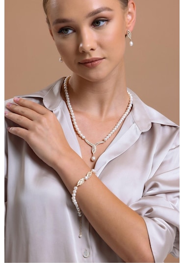 6,5 Mm Yaprak Detay Taşlı Doğal İnci Bileklik 23 Cm / Rose Rose Pembe Altın