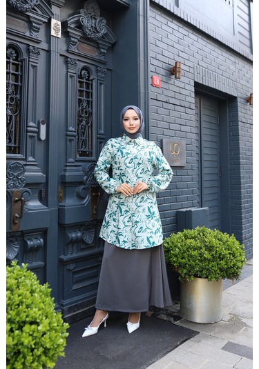 Kadın Yeşil Çiçek Desenli Pamuk Dokuma Kumaş Tunik Gömlek Etekli Takım Tk1417 Yeşil