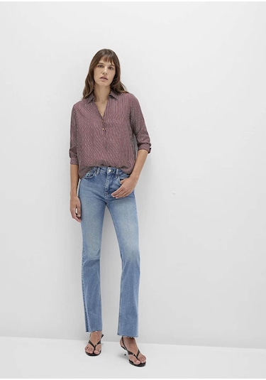 Mavi Düğme Detaylı Çizgili Bordo Kadın Bluz M122400-88614 Bordo