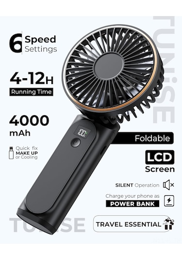 Lemestar 3600mah Pil Usb Şarjlı Boyun Bağlanabilir Elden Tutulabilir Katlanabilir Masaüstü Mini Fan Siyah