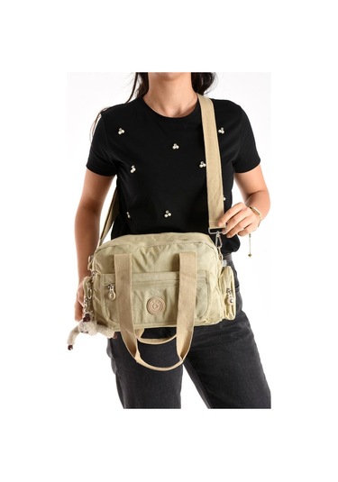 Omuz Çantası Çok Cepli Hafif Klinkır Kumaş 30 20 Cm Çapraz Askılı Postacı Çanta Kol Çantası Krem