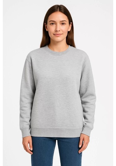 Kadın Üç İplik Düz Bisiklet Yaka Sweatshirt - Gri Gri