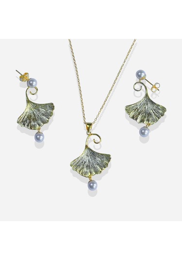 İstiridye İncili Sarkıt Gold Gümüş Set Gümüş