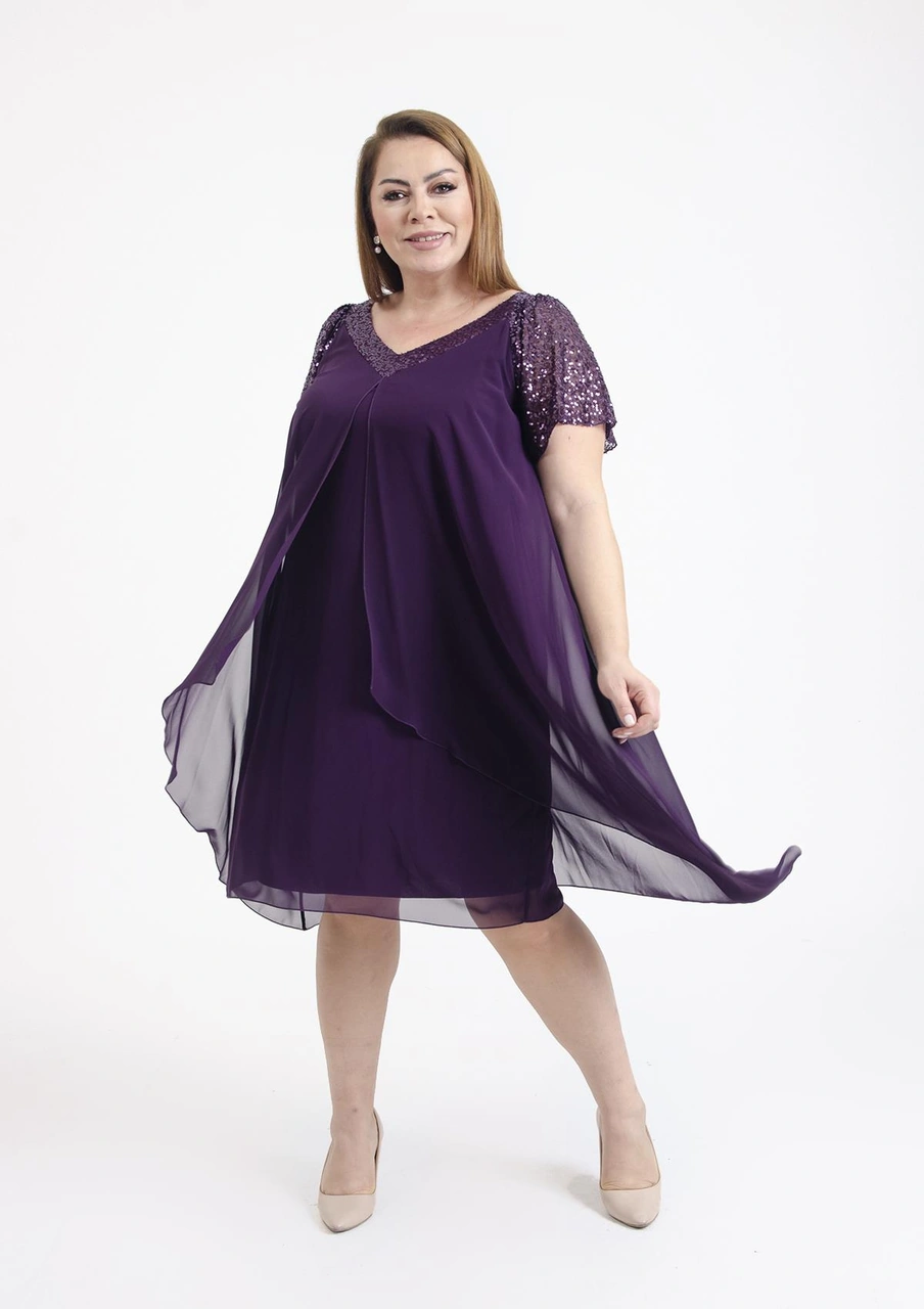 Büyük Beden Mürdüm Renkli V Yakalı Pul Payet Detaylı Şifon Kısa Abiye Elbise Koyu Mürdüm