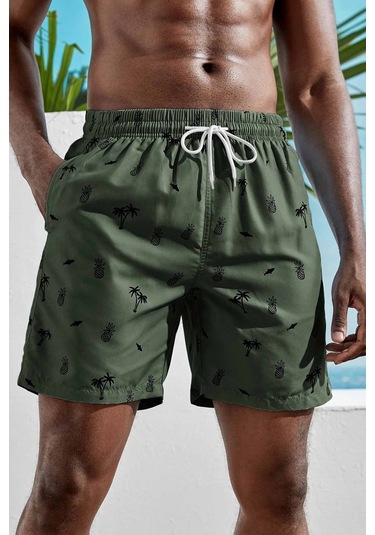 Angelsin Erkek Basic Standart Boy Ananas Ve Palmiye Baskılı Mayo Cepli Deniz Şortu 001