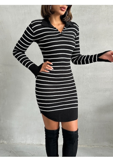 Kadın Çizgili Polo Yaka Mini Triko Elbise Siyah - Ekru