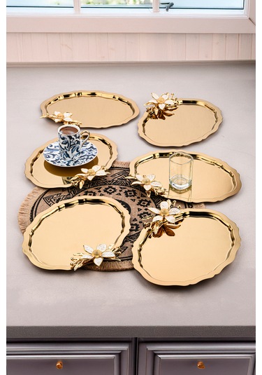 6 Adet Oval Papatlı Kahve-çay Servis Ve Sunum Tepsisi 25x20 Cm