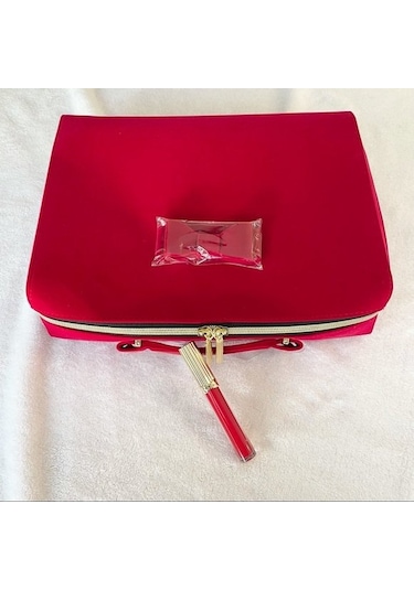 Estee Lauder Kırmızı Kadife Kozmetik Makyaj Çantası Büyük Boy Vintage Kırmızı