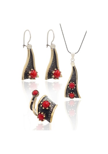 Mercan Taşlı Sallantılı Model El İşçiliği Otantik Gümüş Üçlü Set 201024124 Gümüş