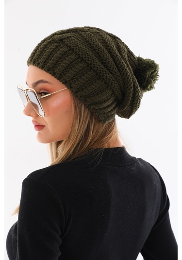 Kadın Kalın Haki Örgü Ponponlu Bere Haki