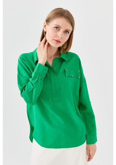 Kadın Polo Yaka Cepli Bluz Yeşil Yeşil
