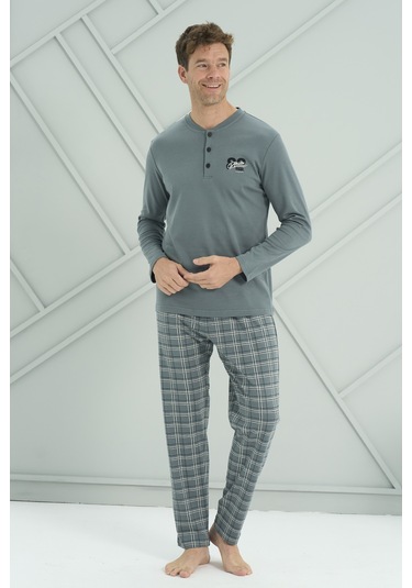 Erkek Interlok Penye Uzun Kol Pijama Takımı 2230 Yeşil Yeşil