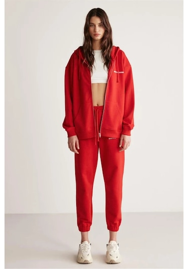 Ametıs Kadın Oversize Organik Pamuklu Metal Fermuarlı Kapüşonlu Kırmızı Sweatshirt