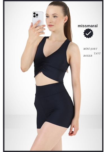 Kadın Lacivert Yüksek Bel Toparlayıcı İç Göstermeyen Boxer Şort Deniz, Havuz & Günlük Kullanım Lacivert