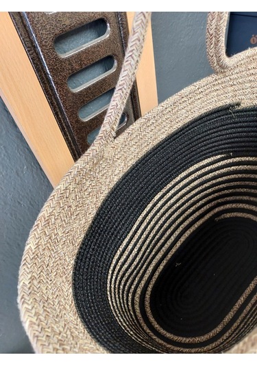 Doğal Hasır Jüt El Örmesi Bayan Çanta-bej Siyah Çizgili V2 Bej