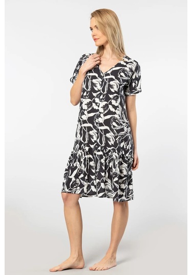 Türen 3603 Kadın Kısa Kollu Dokuma V Yaka Önden Düğmeli Elbise-siyah Siyah