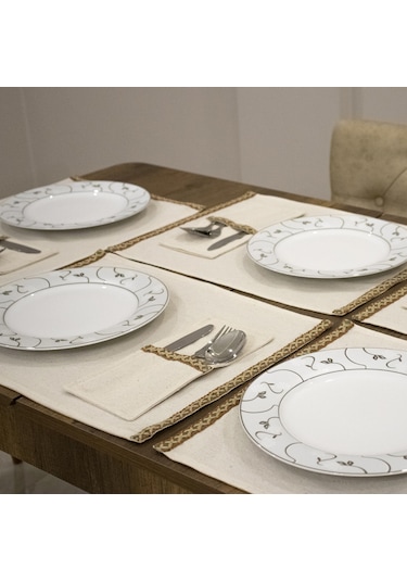 Dnc Home Tekstil Ndchome Keten 6lı Amerikan Servis Seti Kaşıklık Hediyeli 35 X 55 Krem