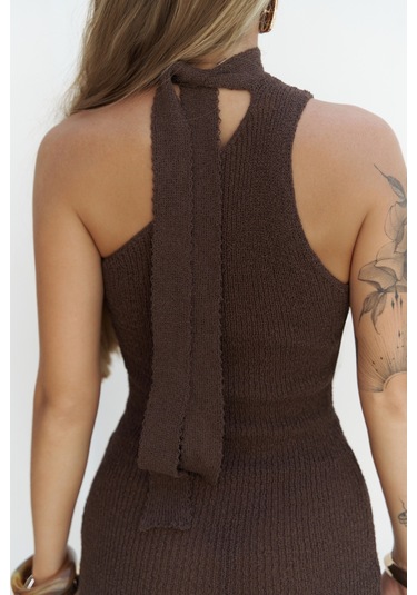 Budah Asimetrik Triko Kahve Mini Elbise Kahve