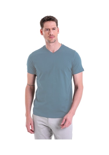 Hatemoğlu Indigo Düz Slim Fit 100% Pamuk V Yaka Tişört İndigo