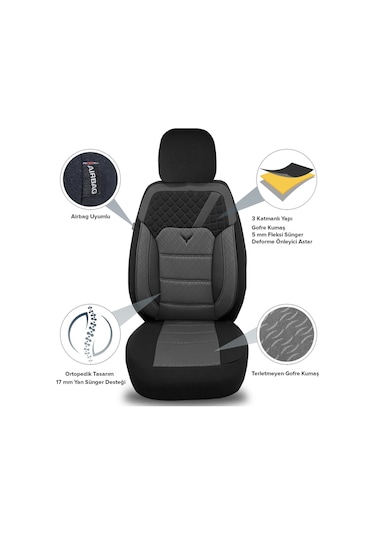 Pandami Oto Koltuk Kılıfı, Tam Set, Gofraj / Gri