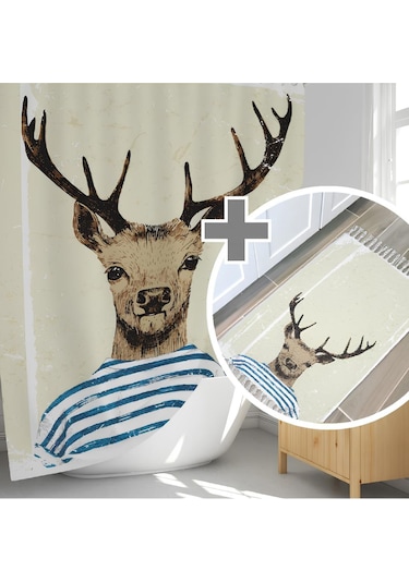 Banyo Paspas Ve Tek Kanat Duş Perdesi 1x180x200 Set Banyo Halısı Deer Karışık