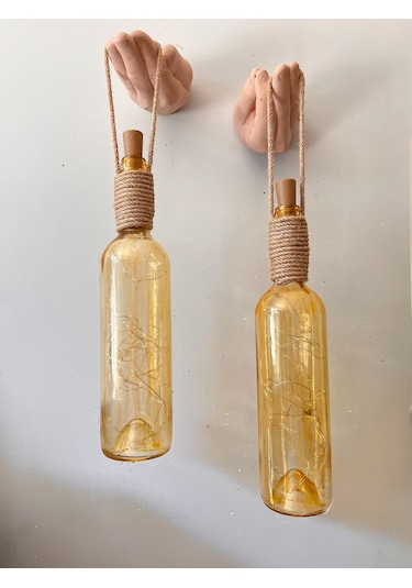 El Figürlü Duvar Lambası Pilli Led Işıklı Dekoratif Vitray Boyalı Cam Şişe Aydınlatma Vintage El Sarı Işık