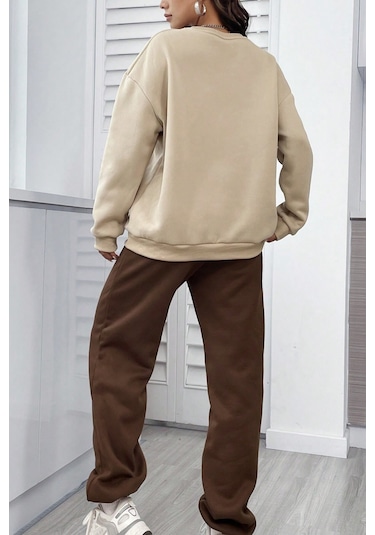 Modagen Unisex Kahverengi Bej Bisiklet Yaka California Baskılı Alt-üst Eşofman Takımı Kahve-bej